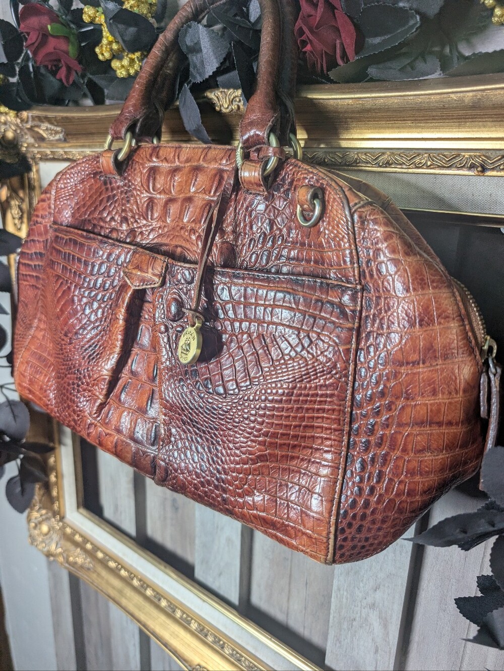 Vintage Brahmin Brown Crocodile Embossed Satchel with Charm and Gold Hardware